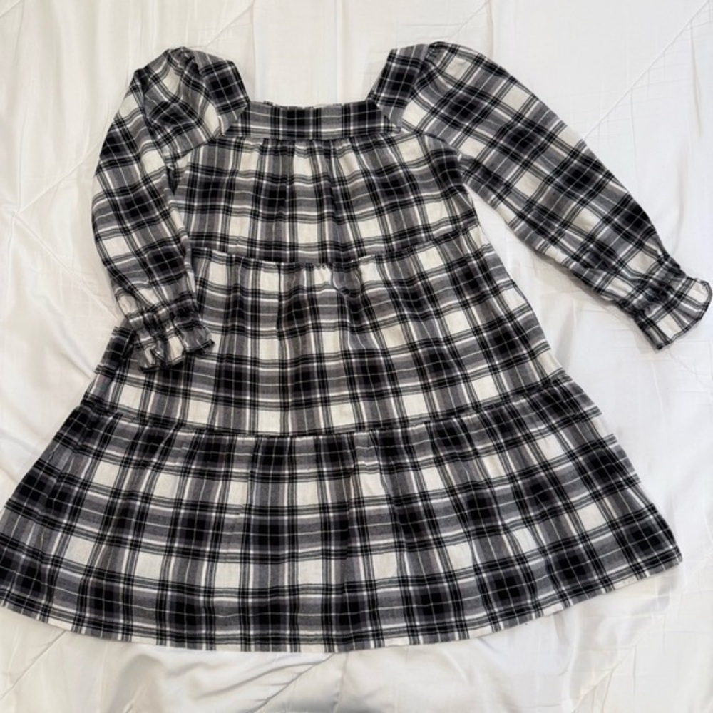 GAP Girl's 100% Cotton Square Neck Plaid Tiered Black White Dress Size Small - Picture 1 of 5